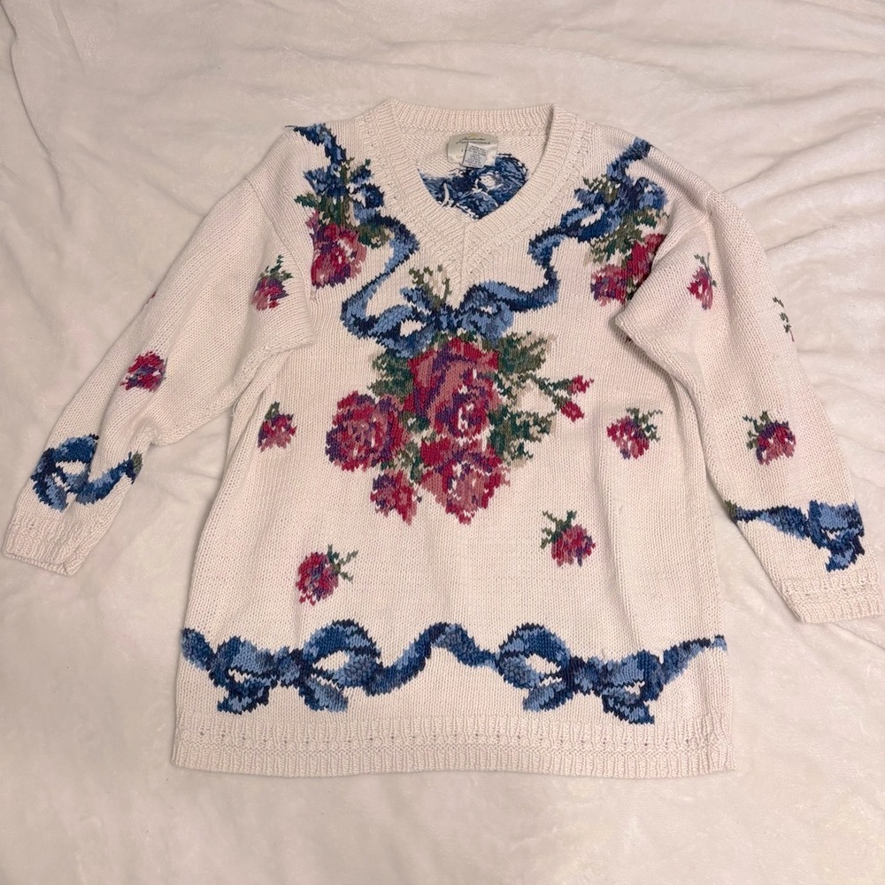 Vintage Floral Knit Sweater - Cream and Blue with Bows and Red Roses